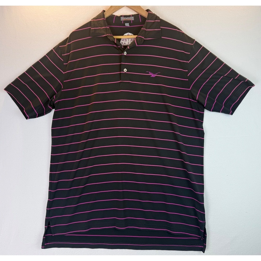 Peter Millar Summer Comfort Black w/Purple Striped Golf Polo‎ Eagle Logo Sz L